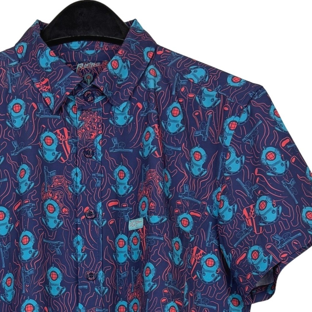 Retro Rifle DEEP DIVE Scuba Blue Short Sleeve Shirt Mens M Aloha Hawaiian Guns